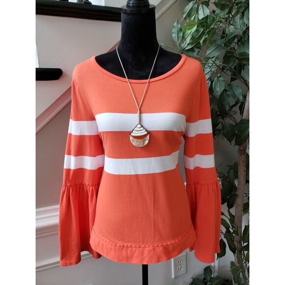 Crown & Ivy Women's Orange & White Cotton Round Neck Long Sleeve Top Blouse M - Picture 1 of 13